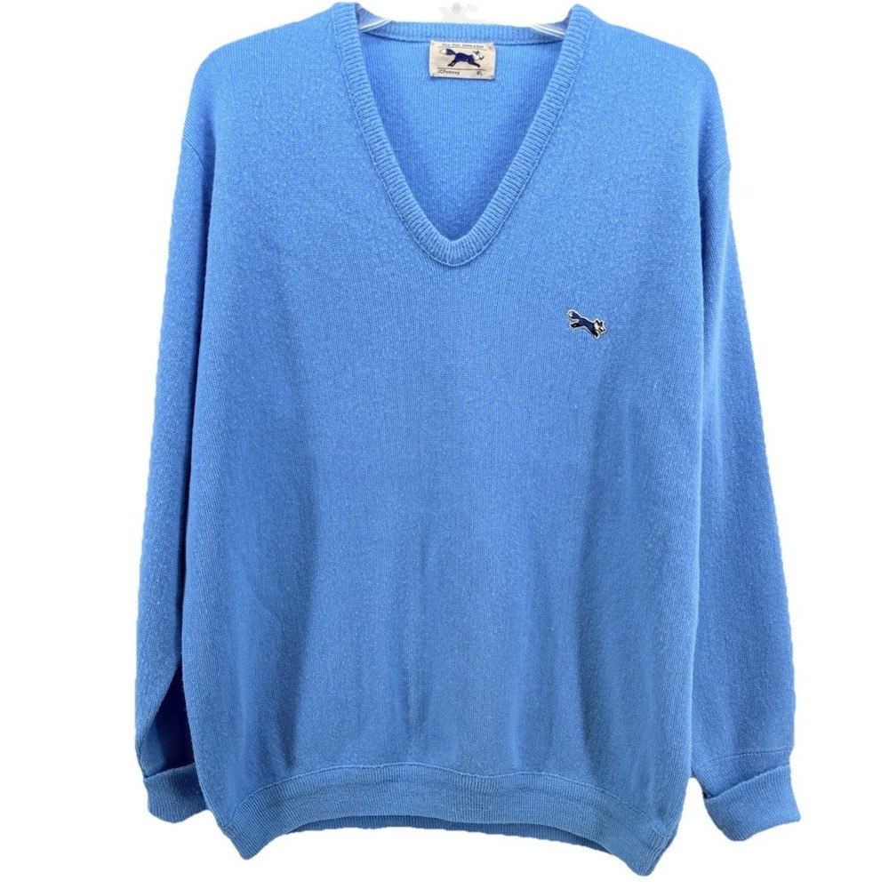 Vintage 70s JCPenney The Fox  Sweater Men XL Blue V Neck‎ Knit Preppy